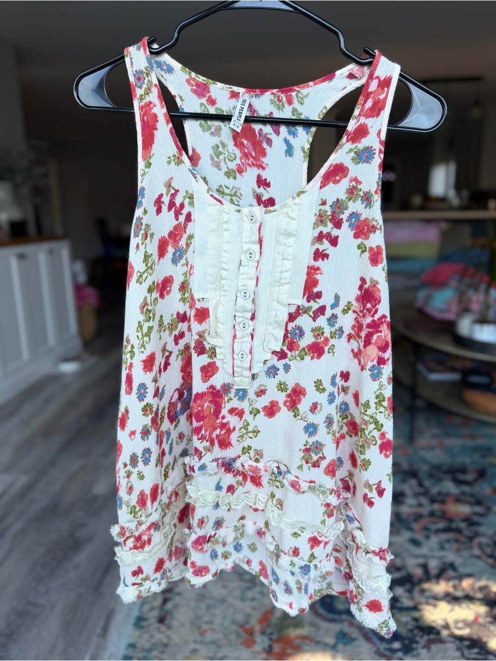 Vintage Cottage Fairy-  Free People Floral Ruffle Tank Top